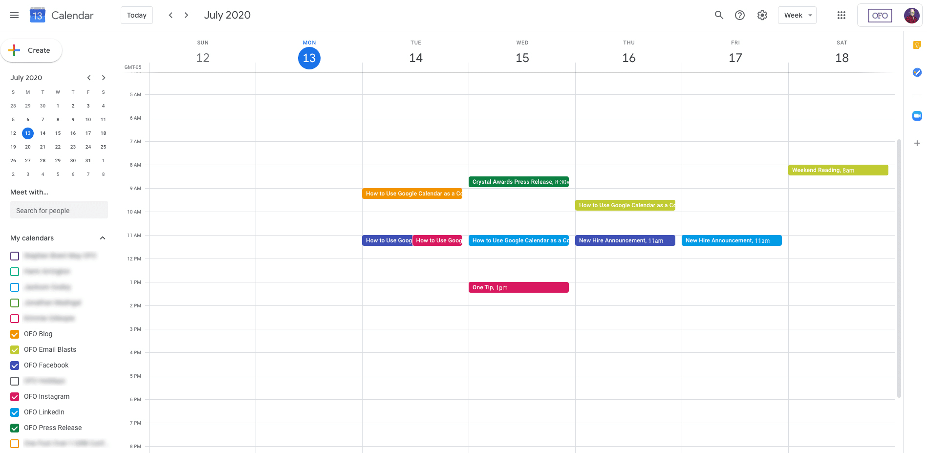 A fully populated Google Content Calendar